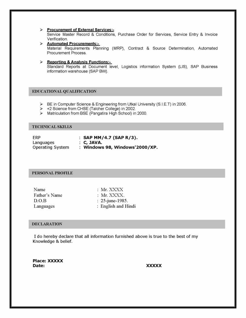 SAP MM Sample Resme